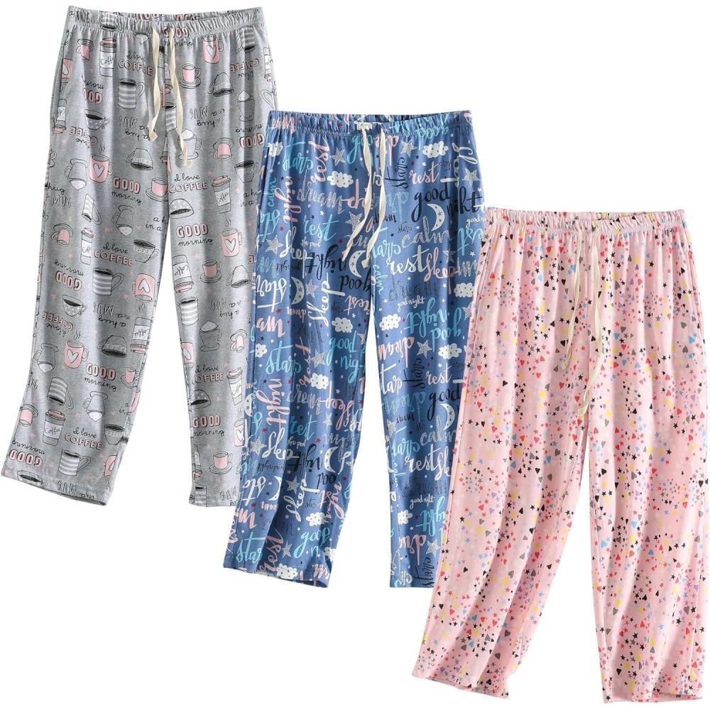 imagePNAEONG 3 Pack Women Pajama Pants Capri Length Drawstring Pj Bottoms Sleep Lounge Pants with Pockets S3XLSet2