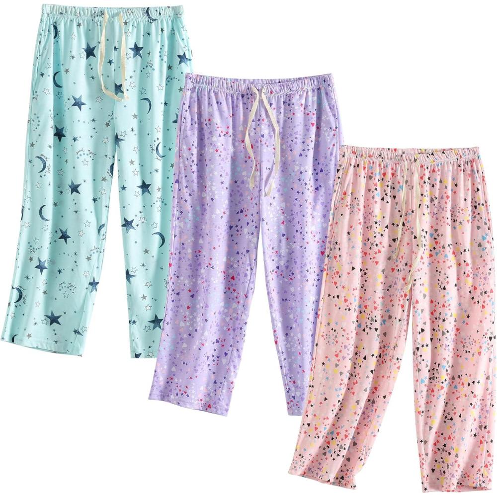 imagePNAEONG 3 Pack Women Pajama Pants Capri Length Drawstring Pj Bottoms Sleep Lounge Pants with Pockets S3XLSet3