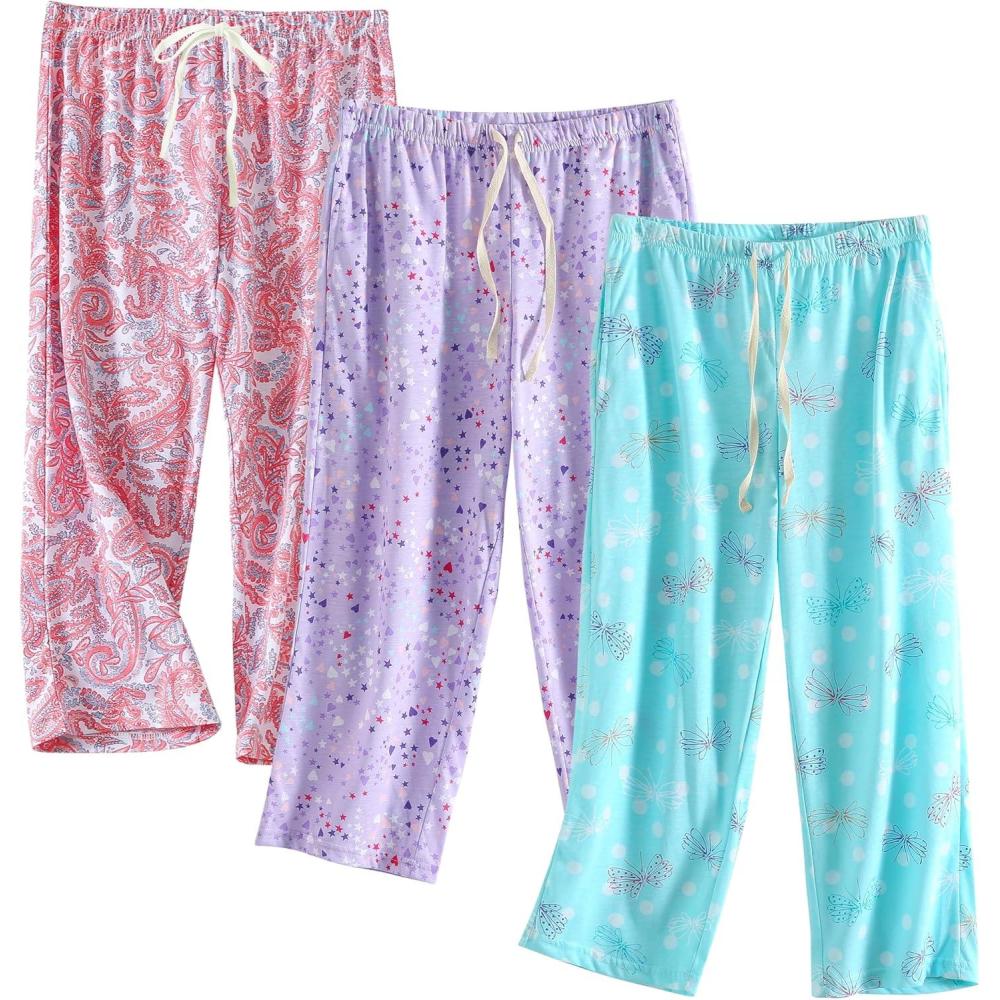 imagePNAEONG 3 Pack Women Pajama Pants Capri Length Drawstring Pj Bottoms Sleep Lounge Pants with Pockets S3XLSet7