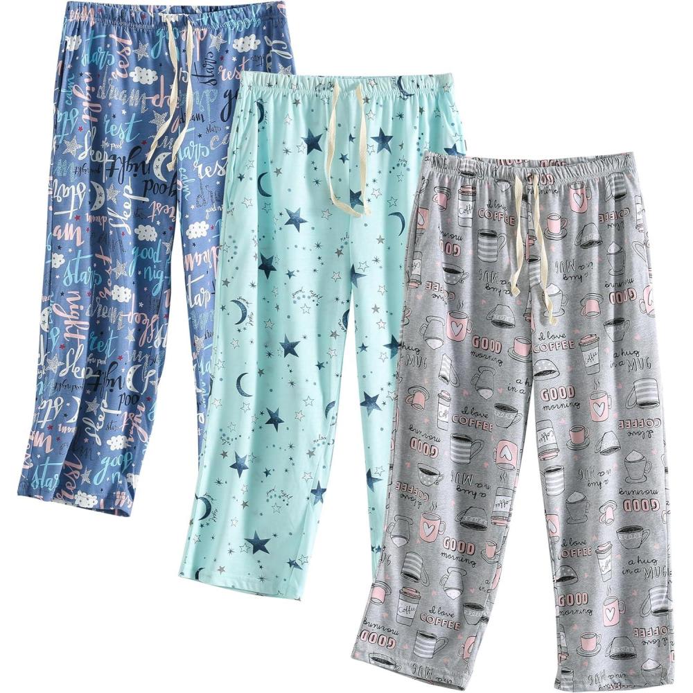 imagePNAEONG 3 Pack Women Pajama Pants Capri Length Drawstring Pj Bottoms Sleep Lounge Pants with Pockets S3XLSet8
