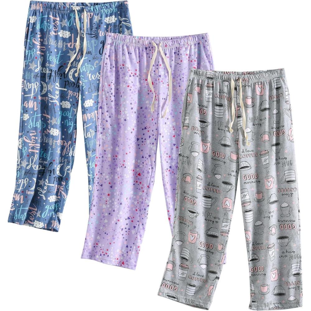 imagePNAEONG 3 Pack Women Pajama Pants Capri Length Drawstring Pj Bottoms Sleep Lounge Pants with Pockets S3XLSet9