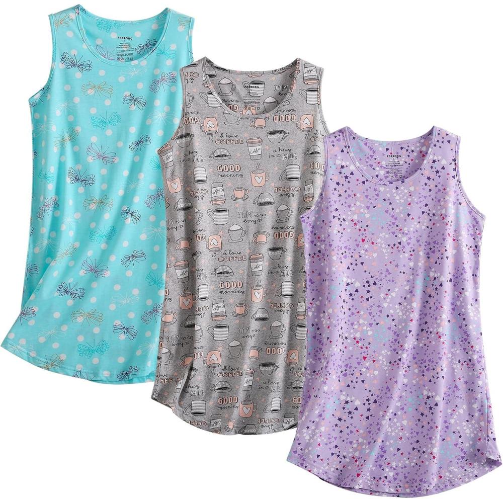 imagePNAEONG 3 Pack Womens Cotton Nightgown Round Neck Nightshirts Sleeveless Sleepwear Comfortable Tank Sleep Shirt S3XLCoffeeflypurple