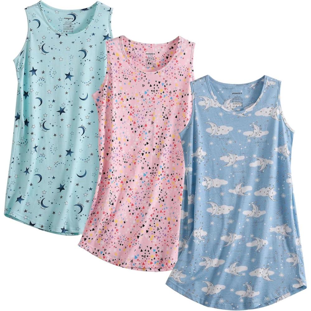 imagePNAEONG 3 Pack Womens Cotton Nightgown Round Neck Nightshirts Sleeveless Sleepwear Comfortable Tank Sleep Shirt S3XLMoonstarpink