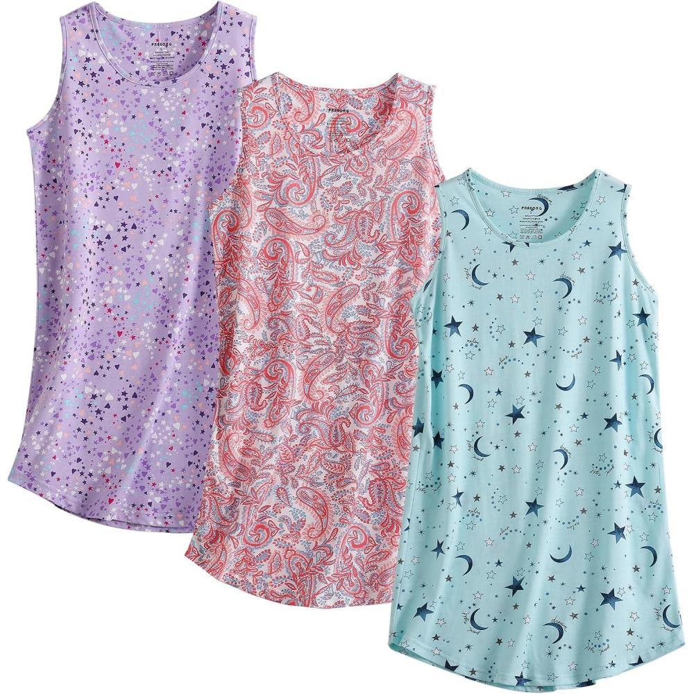 imagePNAEONG 3 Pack Womens Cotton Nightgown Round Neck Nightshirts Sleeveless Sleepwear Comfortable Tank Sleep Shirt S3XLPaisleypurplestar