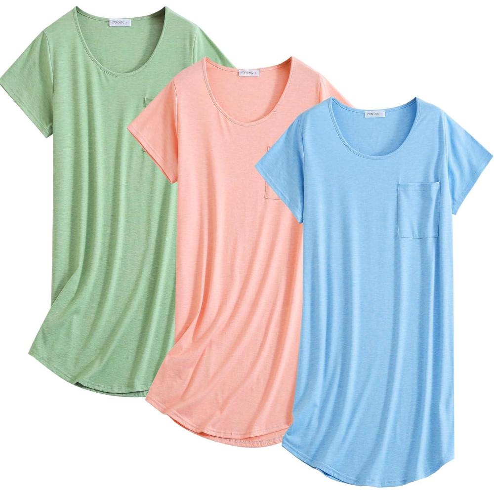 imagePNAEONG 3 Pack Womens Cotton Nightgown Sleepwear Short Sleeve Nightshirt with Breast Pocket Casual Sleepwear S3XLBluepinkgreen