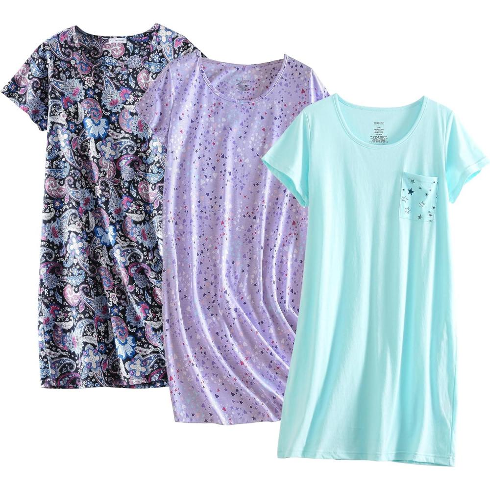 imagePNAEONG 3 Pack Womens Cotton Nightgown Sleepwear Short Sleeves Shirt Casual Print SleepdressBlue Paisleypurplec Star