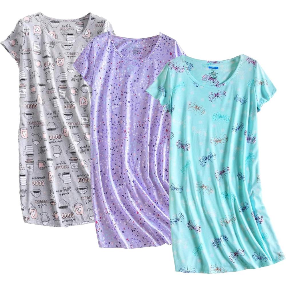 imagePNAEONG 3 Pack Womens Cotton Nightgown Sleepwear Short Sleeves Shirt Casual Print SleepdressCoffeeflypurple