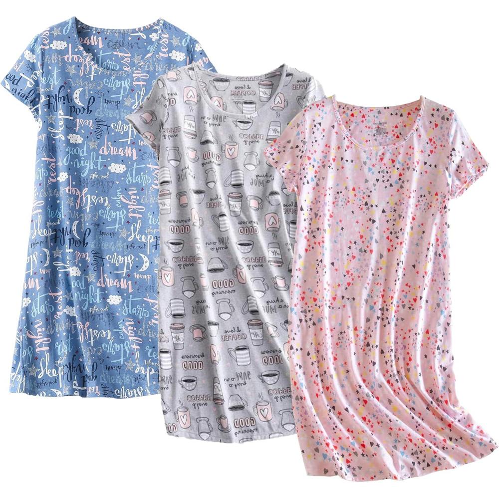 imagePNAEONG 3 Pack Womens Cotton Nightgown Sleepwear Short Sleeves Shirt Casual Print SleepdressGood Nightcoffeepink
