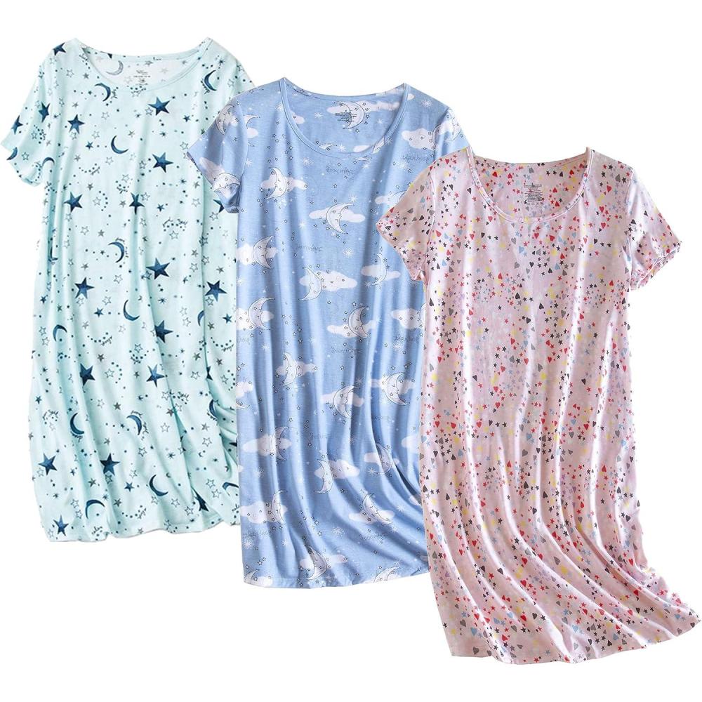 imagePNAEONG 3 Pack Womens Cotton Nightgown Sleepwear Short Sleeves Shirt Casual Print SleepdressMoonstarpink