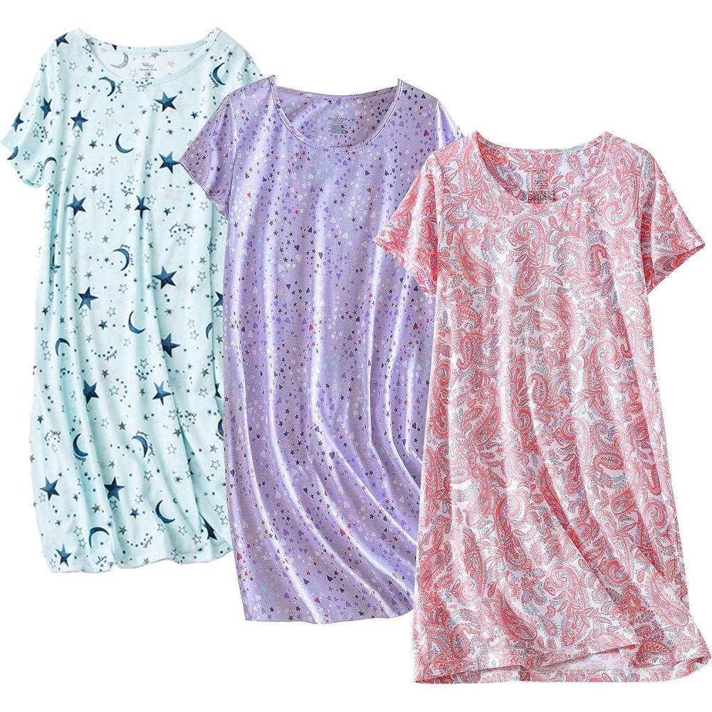 imagePNAEONG 3 Pack Womens Cotton Nightgown Sleepwear Short Sleeves Shirt Casual Print SleepdressPaisleypurplestar