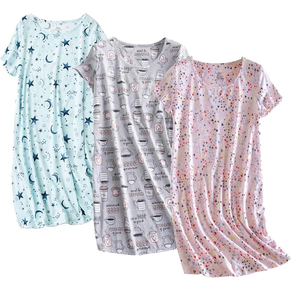 imagePNAEONG 3 Pack Womens Cotton Nightgown Sleepwear Short Sleeves Shirt Casual Print SleepdressPinkstarcoffee