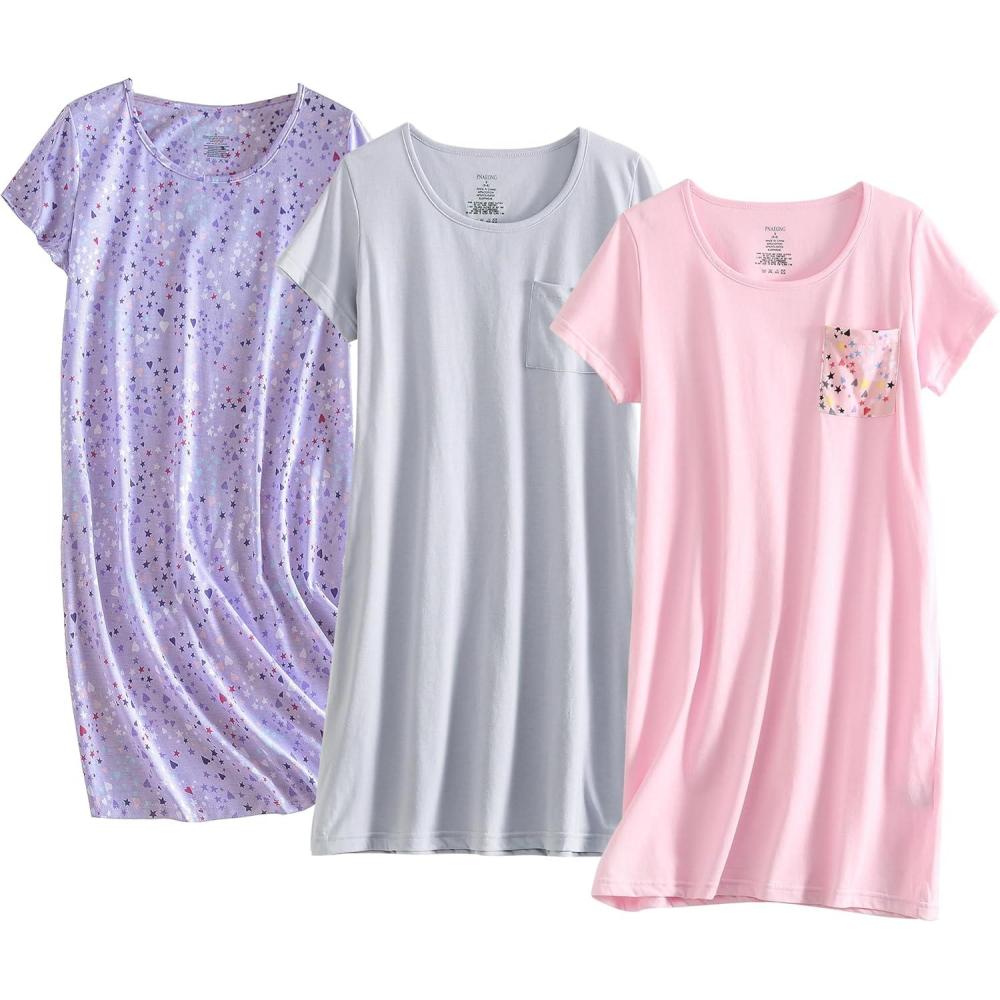 imagePNAEONG 3 Pack Womens Cotton Nightgown Sleepwear Short Sleeves Shirt Casual Print SleepdressPurplec Coffeec Pink