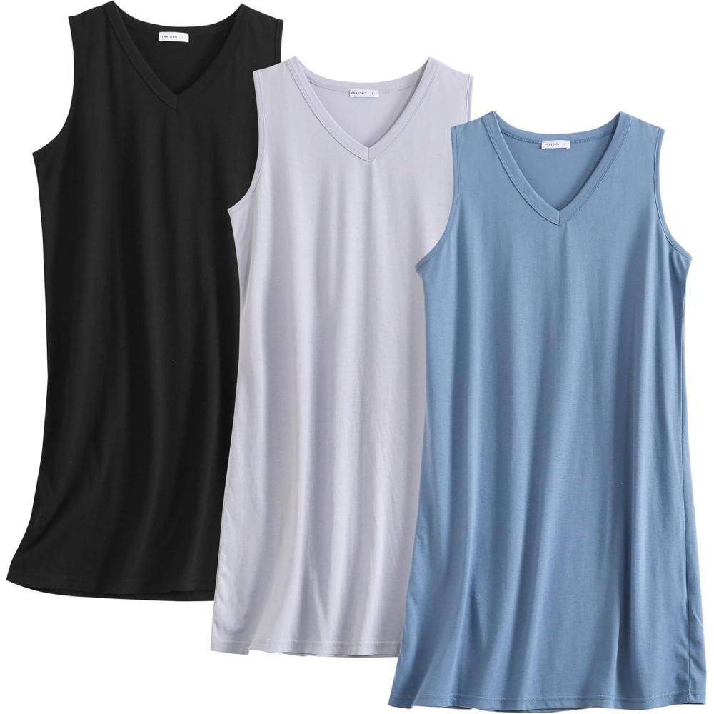 imagePNAEONG 3 Pack Womens Cotton Nightgown V Neck Nightshirts Sleeveless Sleepwear Casual Print SleepdressC Blackc Coffeec Good Night