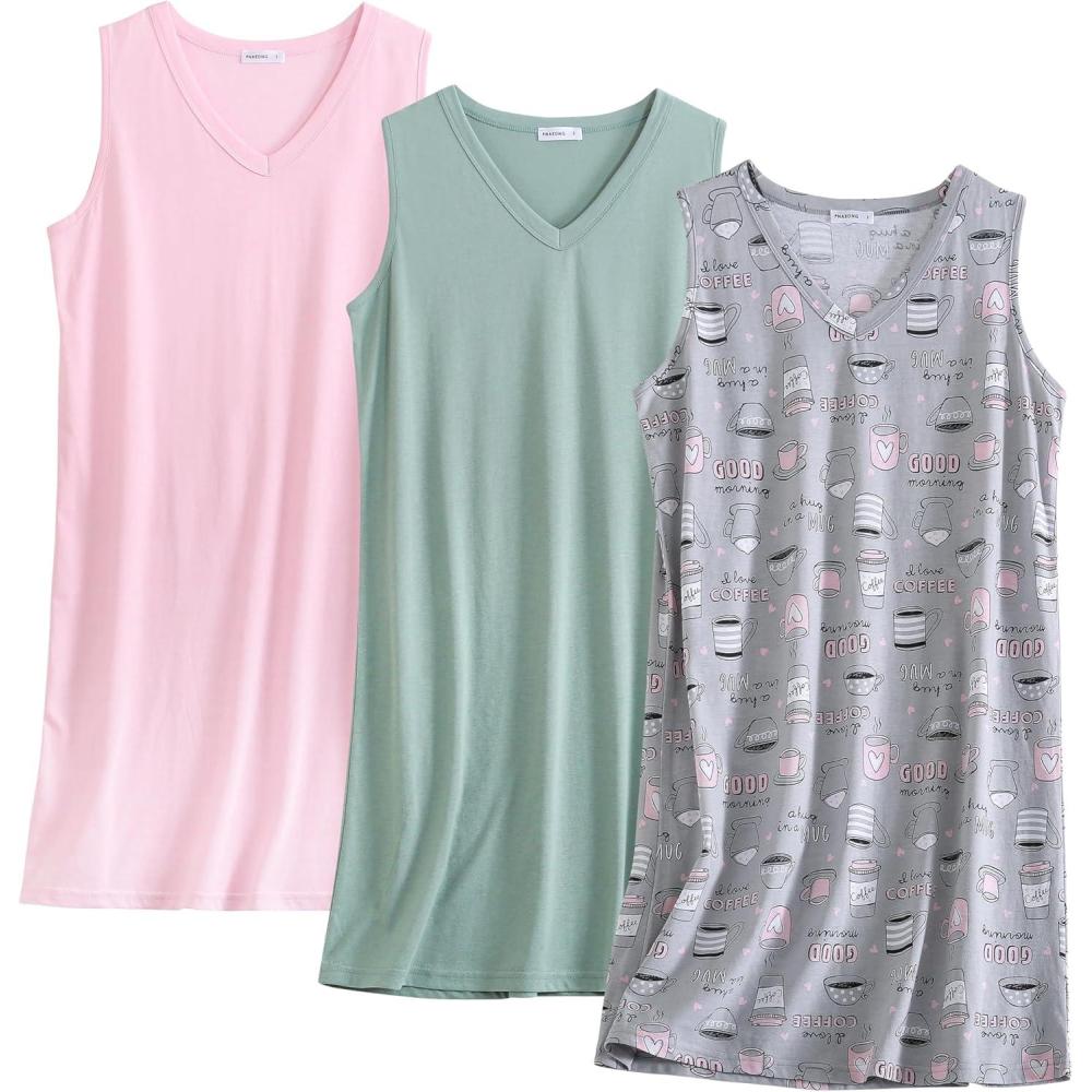 imagePNAEONG 3 Pack Womens Cotton Nightgown V Neck Nightshirts Sleeveless Sleepwear Casual Print SleepdressCoffeedark Greenc Pink