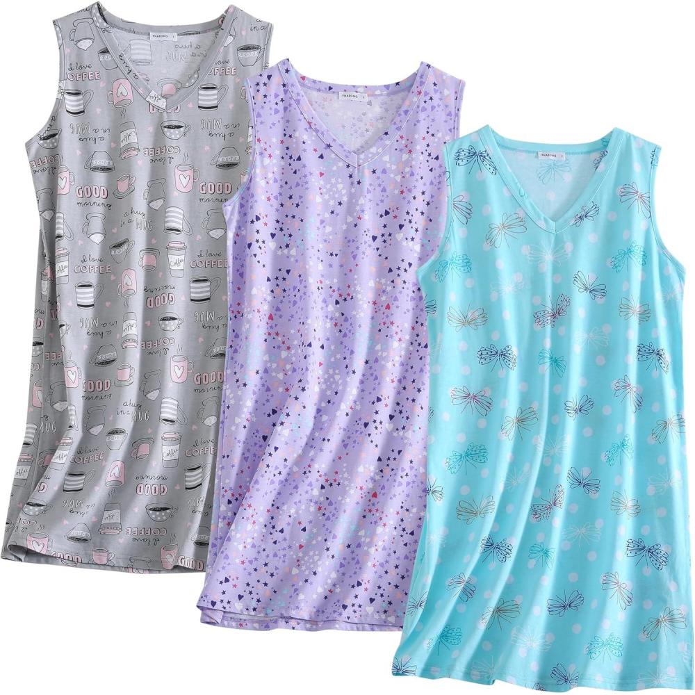imagePNAEONG 3 Pack Womens Cotton Nightgown V Neck Nightshirts Sleeveless Sleepwear Casual Print SleepdressCoffeeflypurple