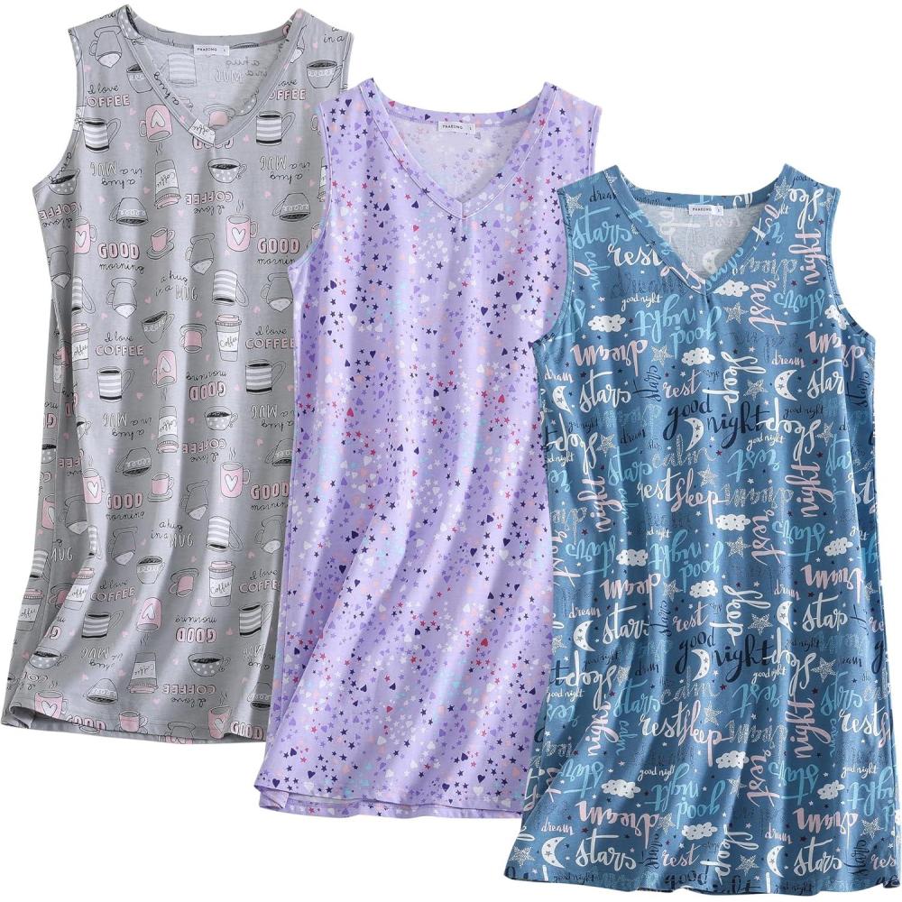 imagePNAEONG 3 Pack Womens Cotton Nightgown V Neck Nightshirts Sleeveless Sleepwear Casual Print SleepdressCoffeegood Nightpurple