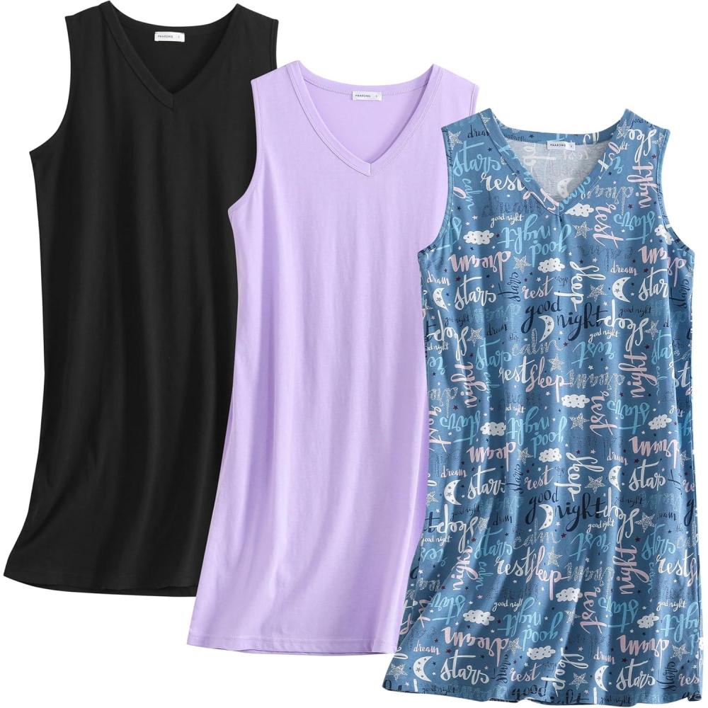 imagePNAEONG 3 Pack Womens Cotton Nightgown V Neck Nightshirts Sleeveless Sleepwear Casual Print SleepdressGood Nightc Blackc Purple