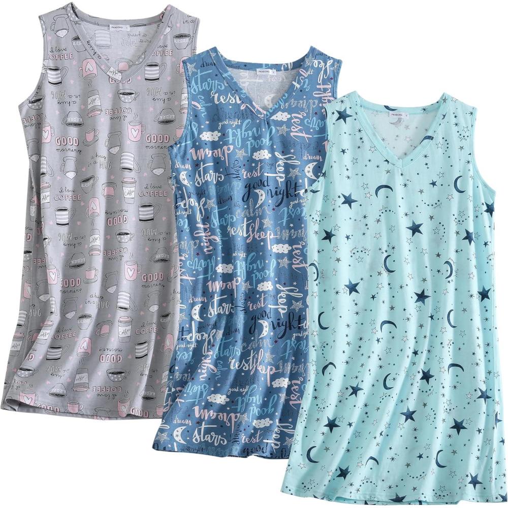 imagePNAEONG 3 Pack Womens Cotton Nightgown V Neck Nightshirts Sleeveless Sleepwear Casual Print SleepdressGood Nightstarcoffee