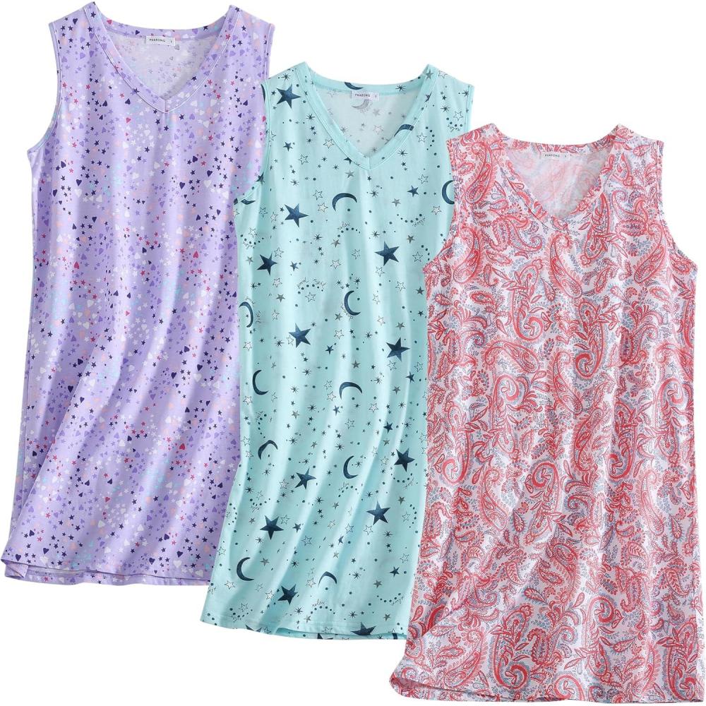 imagePNAEONG 3 Pack Womens Cotton Nightgown V Neck Nightshirts Sleeveless Sleepwear Casual Print SleepdressPaisleypurplestar
