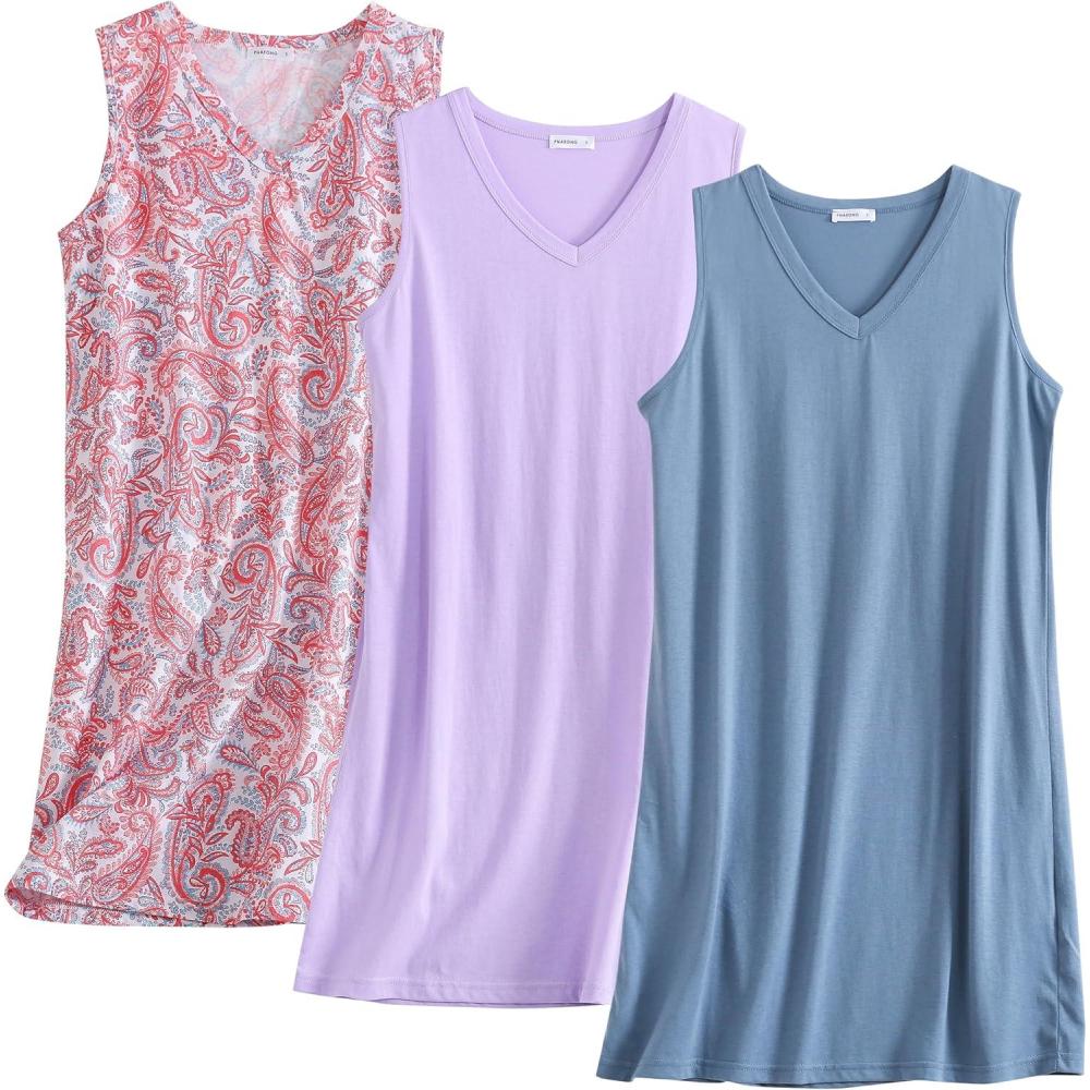 imagePNAEONG 3 Pack Womens Cotton Nightgown V Neck Nightshirts Sleeveless Sleepwear Casual Print SleepdressPink Paisleyc Purplec Good Night