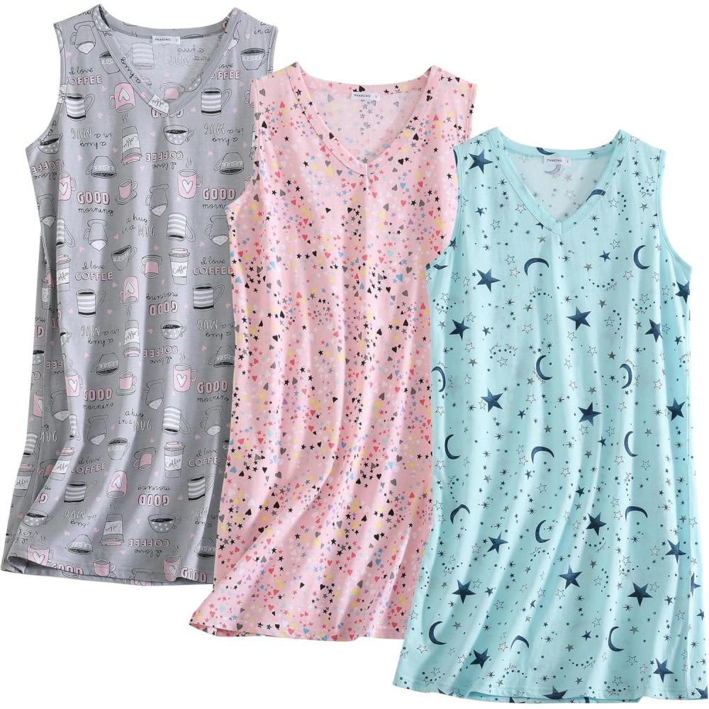 imagePNAEONG 3 Pack Womens Cotton Nightgown V Neck Nightshirts Sleeveless Sleepwear Casual Print SleepdressPinkstarcoffee