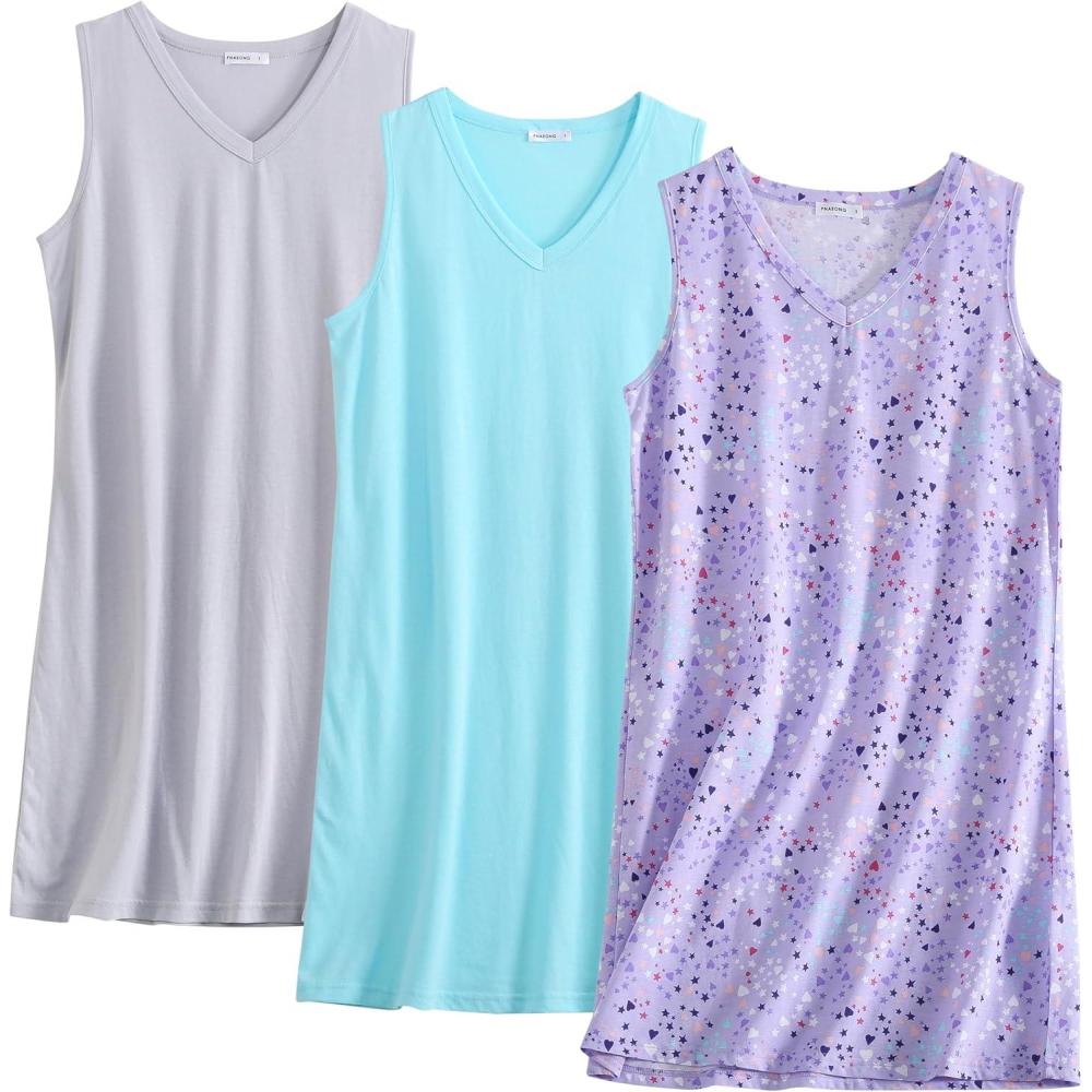 imagePNAEONG 3 Pack Womens Cotton Nightgown V Neck Nightshirts Sleeveless Sleepwear Casual Print SleepdressPurplec Dragonflyc Coffee