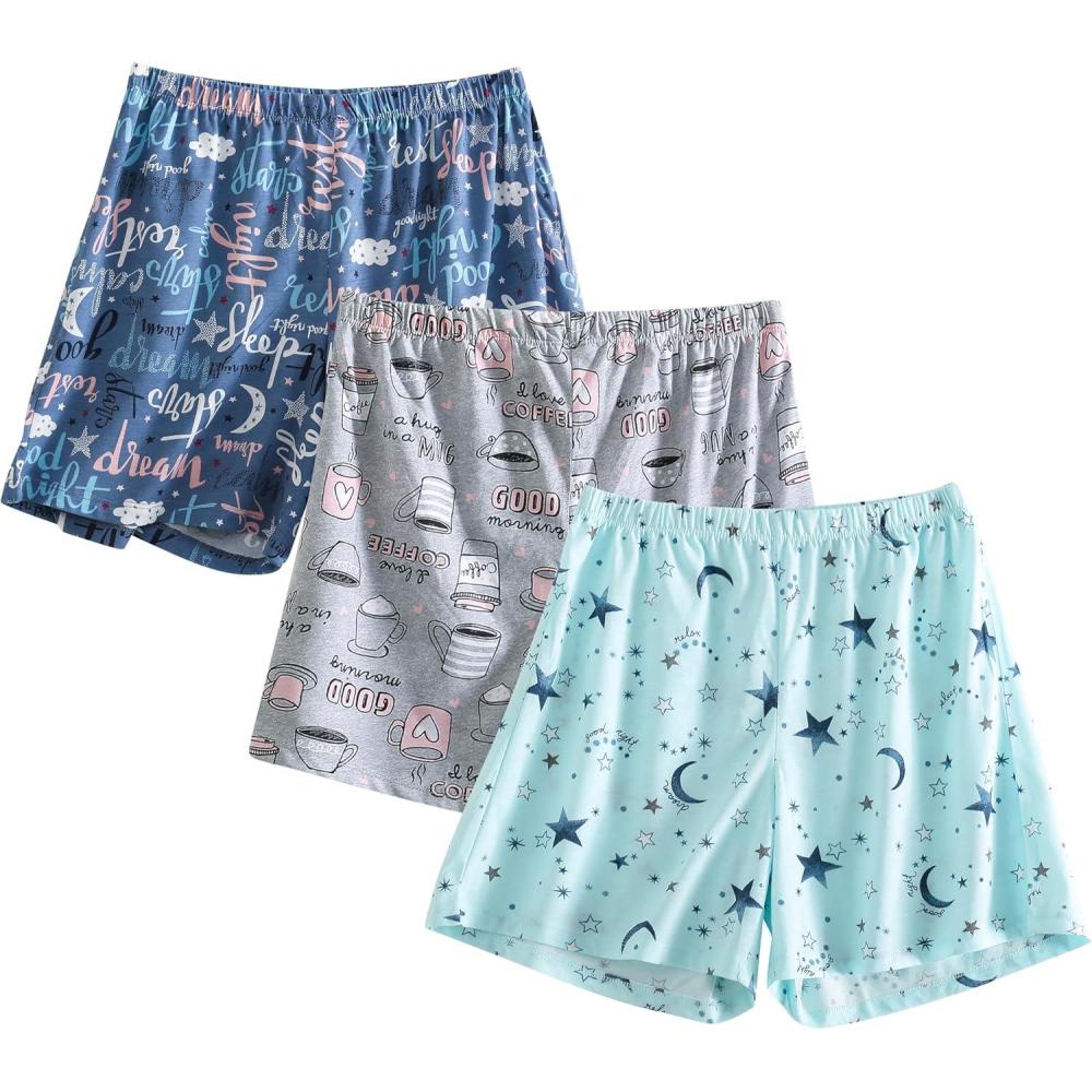 imagePNAEONG 3 Pack Womens Pajamas Shorts Set Soft Elastic Waist Lounge Shorts Printed PJ BottomsSet 2