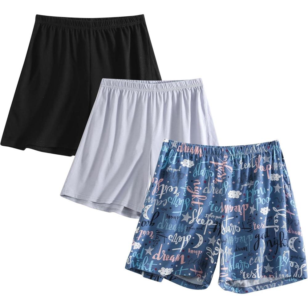 imagePNAEONG 3 Pack Womens Pajamas Shorts Set Soft Elastic Waist Lounge Shorts Printed PJ BottomsSet 9