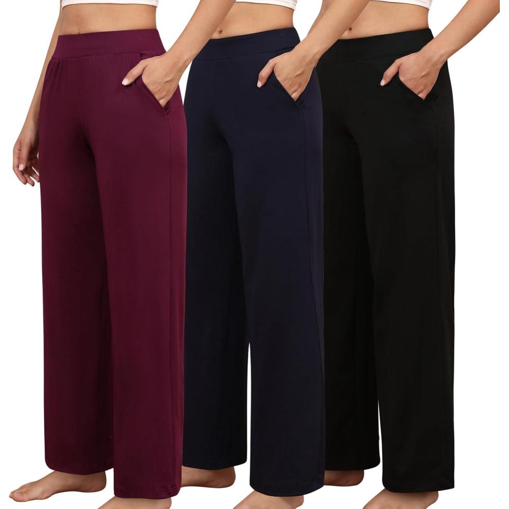 imagePNAEONG 3 Pack Womens Petite Sweatpants Casual Wide Leg Pants Loose Fit Lounge Pants with PocketXSXLMaroon  Navy  Black