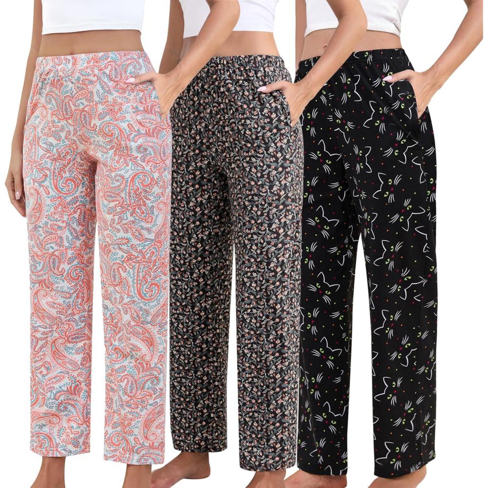 imagePNAEONG Pajama Pants Women 3 Pack Soft Cotton Lounge Pants Comfy Casual Pajama Bottoms with Elastic Waistband ampamp PocketsFlowercatspink Paisley