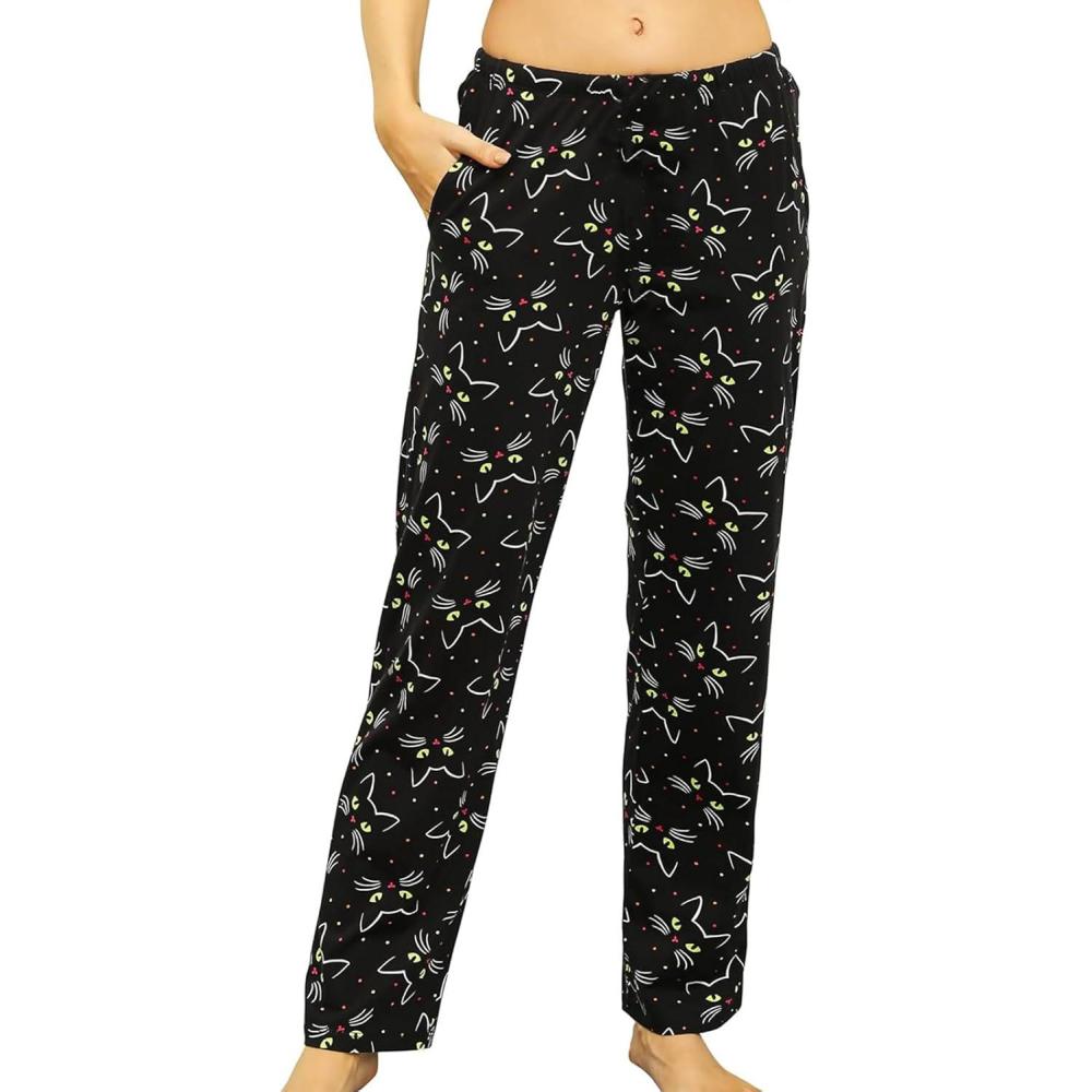 imagePNAEONG Women Cotton Pajama Pants Comfy Pj Bottoms Soft Printed Lounge Pant with PocketsBlack Cats