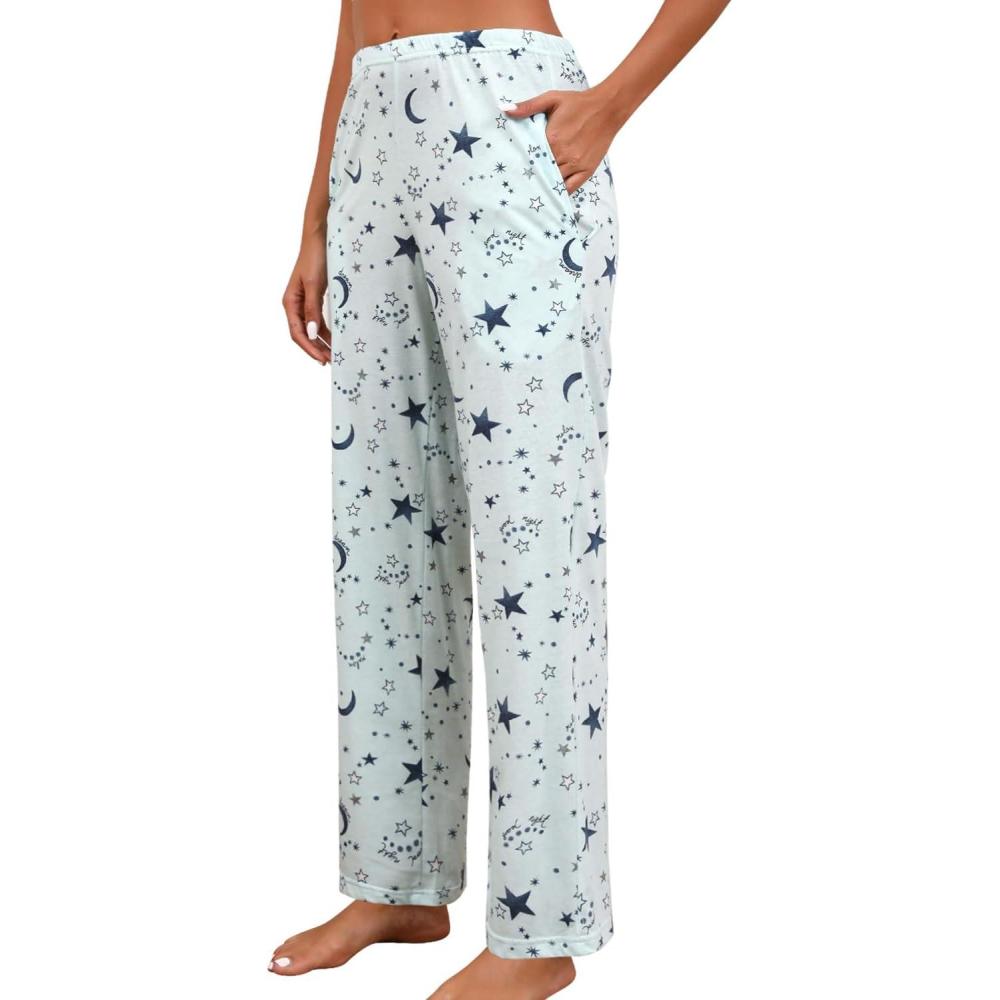imagePNAEONG Women Cotton Pajama Pants Comfy Pj Bottoms Soft Printed Lounge Pant with PocketsBlue Star