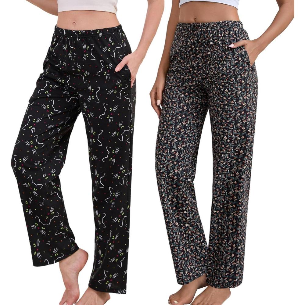 imagePNAEONG Women Cotton Pajama Pants Comfy Pj Bottoms Soft Printed Lounge Pant with PocketsLittle Flowerblack Cats