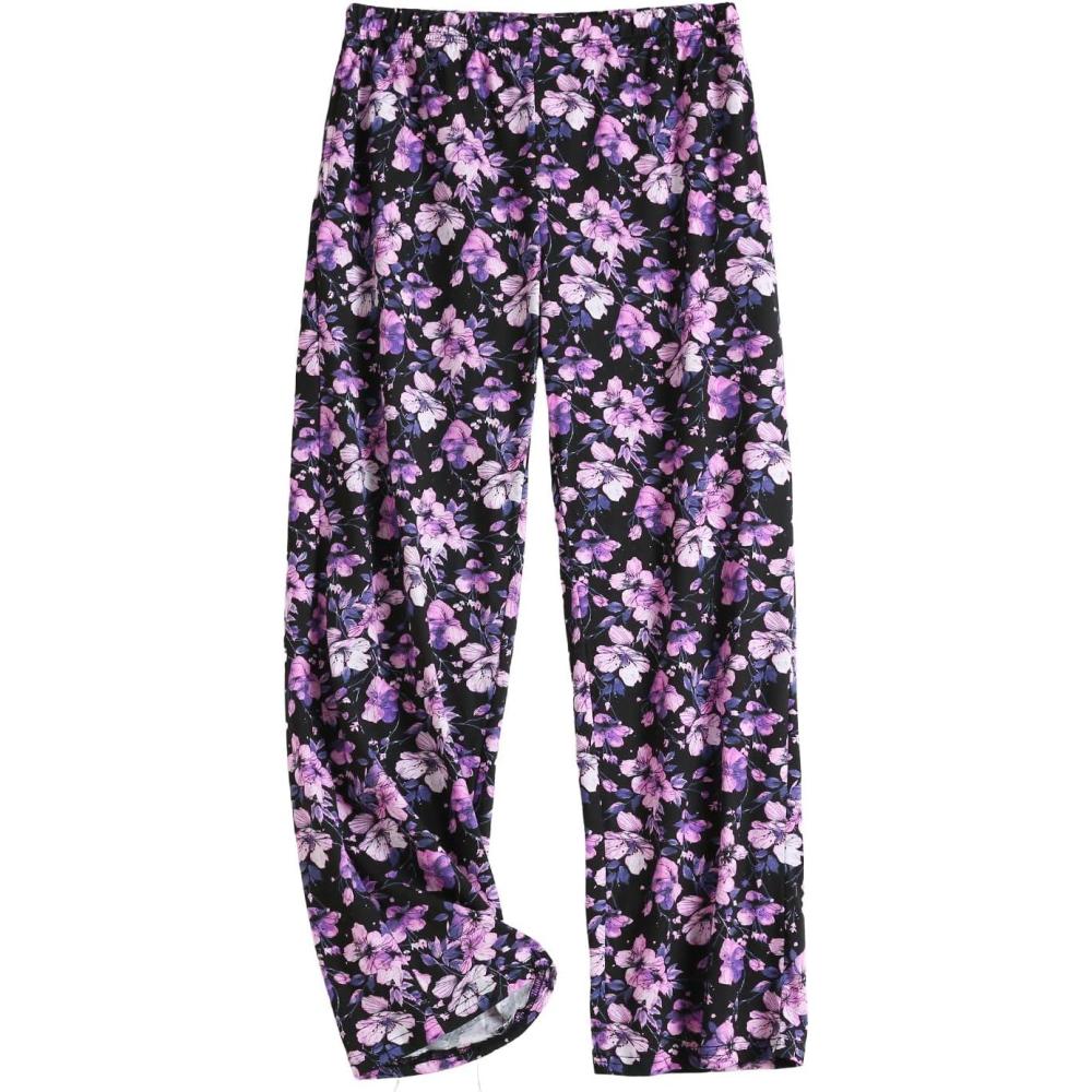 imagePNAEONG Women Cotton Pajama Pants Comfy Pj Bottoms Soft Printed Lounge Pant with PocketsMidnight Purple Flower