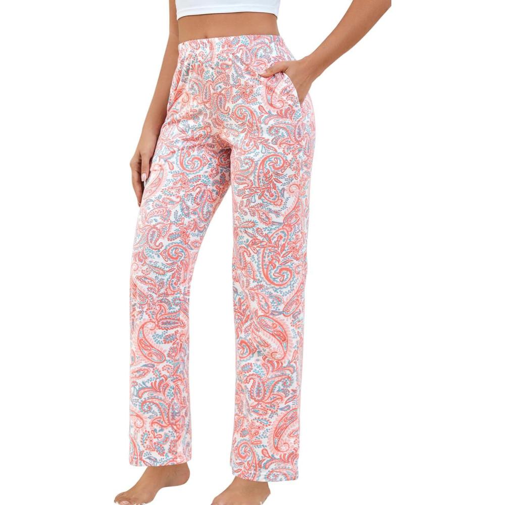 imagePNAEONG Women Cotton Pajama Pants Comfy Pj Bottoms Soft Printed Lounge Pant with PocketsPink Paisley
