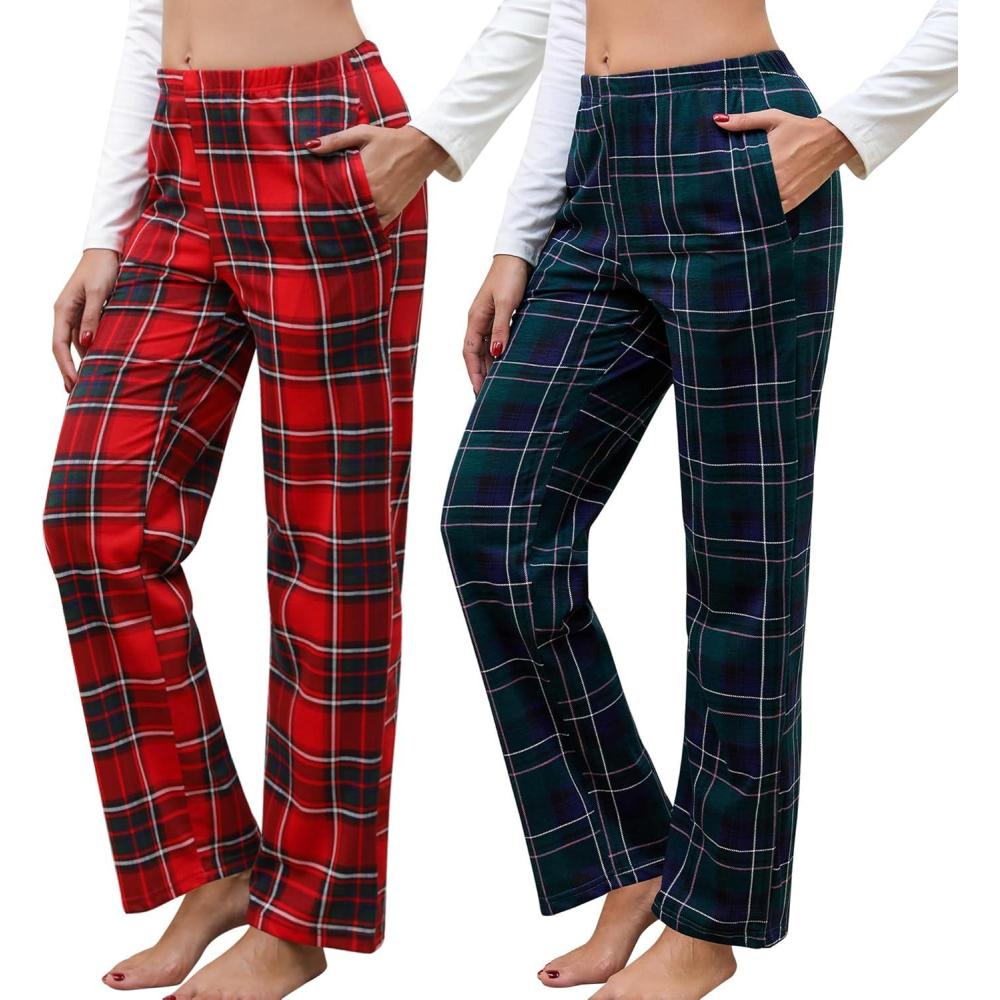 imagePNAEONG Women Cotton Pajama Pants Comfy Pj Bottoms Soft Printed Lounge Pant with PocketsRed Plaidgreen Plaid
