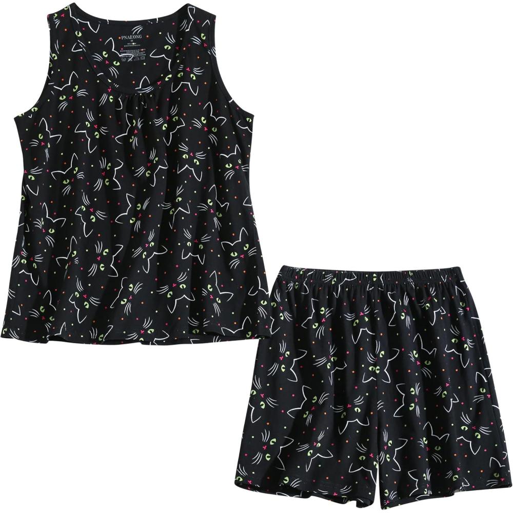 imagePNAEONG Women Cotton Sleepwear Short Sets TankampampShort Pajamas Sets XTSY208Black Cats