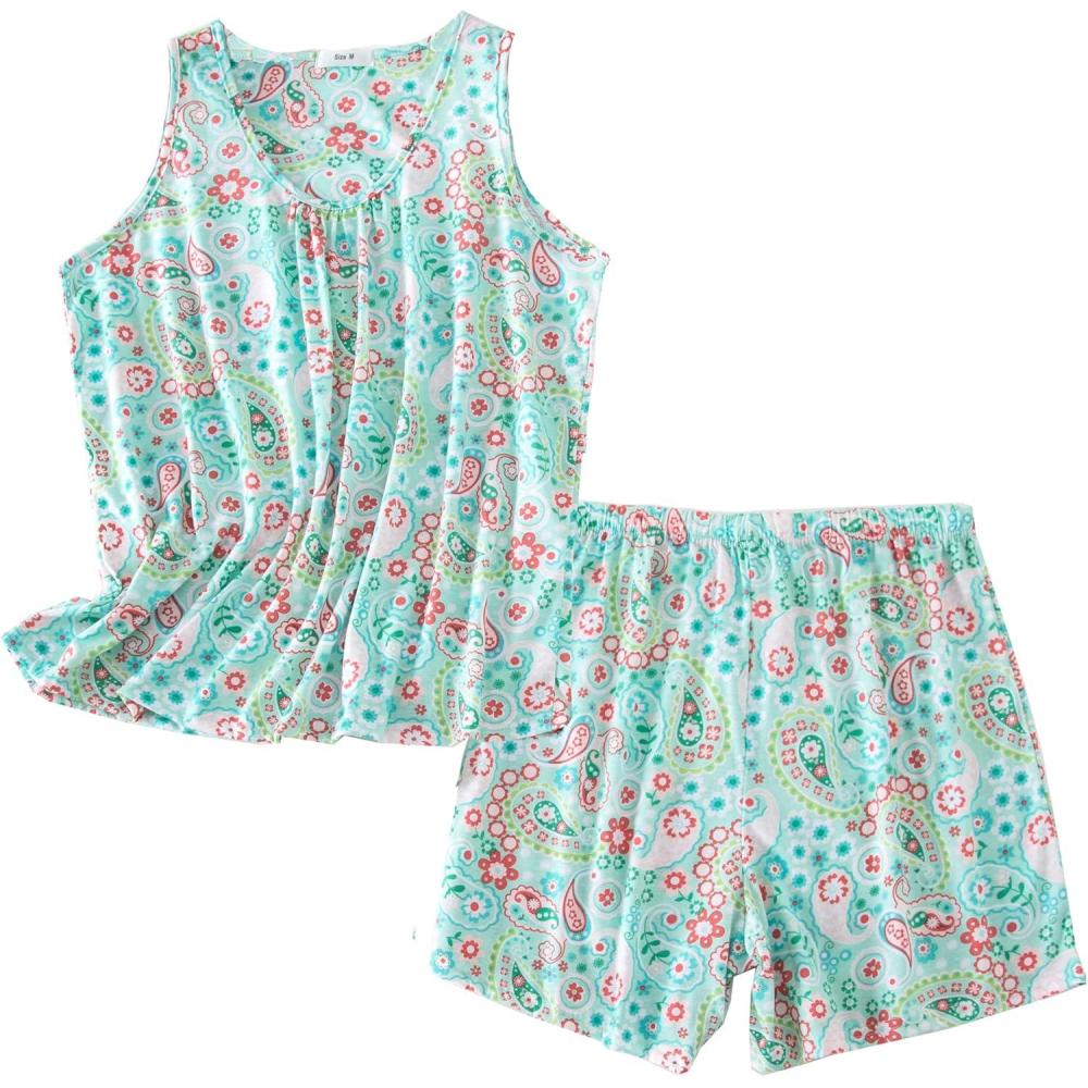imagePNAEONG Women Cotton Sleepwear Short Sets TankampampShort Pajamas Sets XTSY208Green Flower