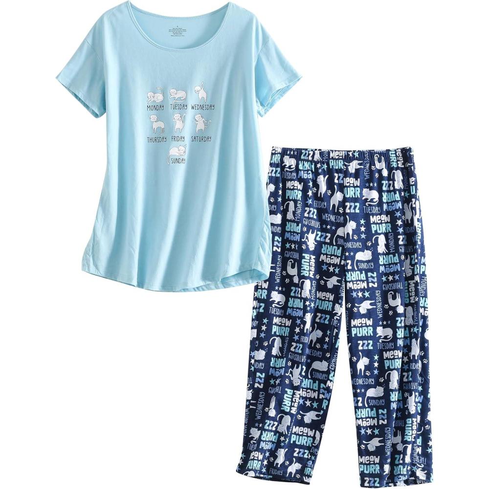 imagePNAEONG Women Pajama Set Sleepwear Tops with Capri Pants Casual and Fun Prints Pajama SetsBlue Cats