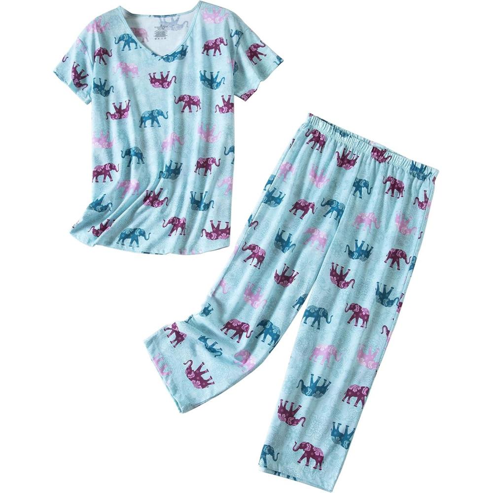 imagePNAEONG Women Pajama Set Sleepwear Tops with Capri Pants Casual and Fun Prints Pajama SetsBlue Elephant