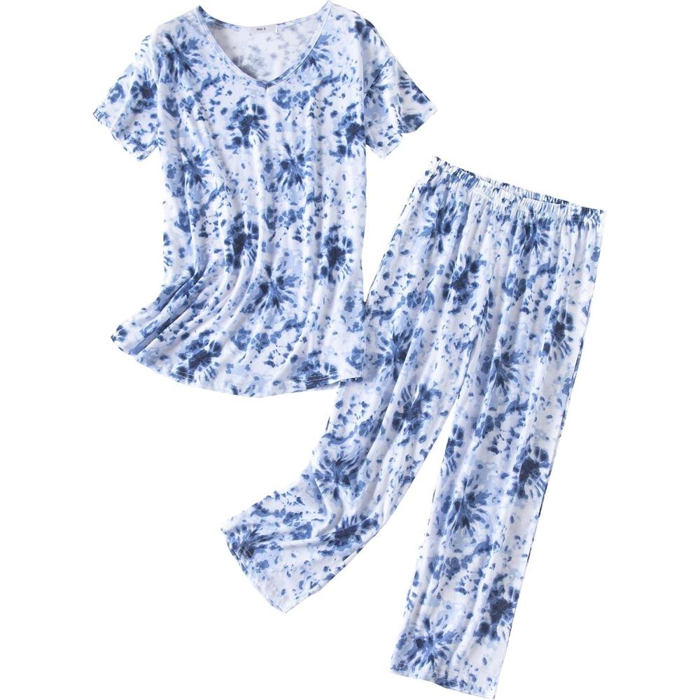 imagePNAEONG Women Pajama Set Sleepwear Tops with Capri Pants Casual and Fun Prints Pajama SetsBlue Fireworks