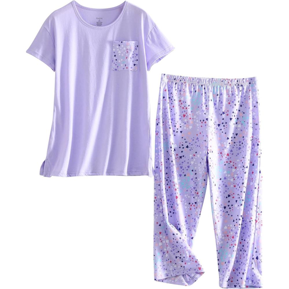 imagePNAEONG Women Pajama Set Sleepwear Tops with Capri Pants Casual and Fun Prints Pajama SetsC Purple