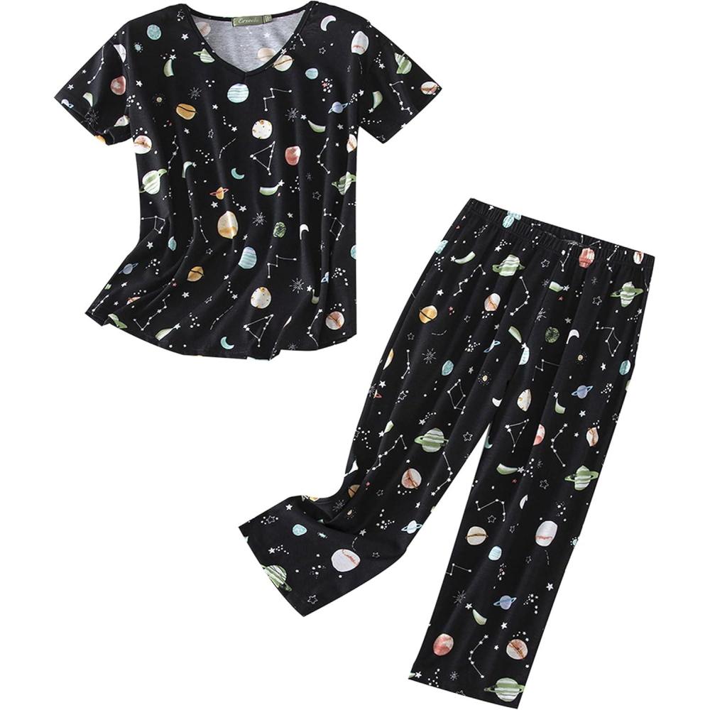 imagePNAEONG Women Pajama Set Sleepwear Tops with Capri Pants Casual and Fun Prints Pajama SetsColor Stars