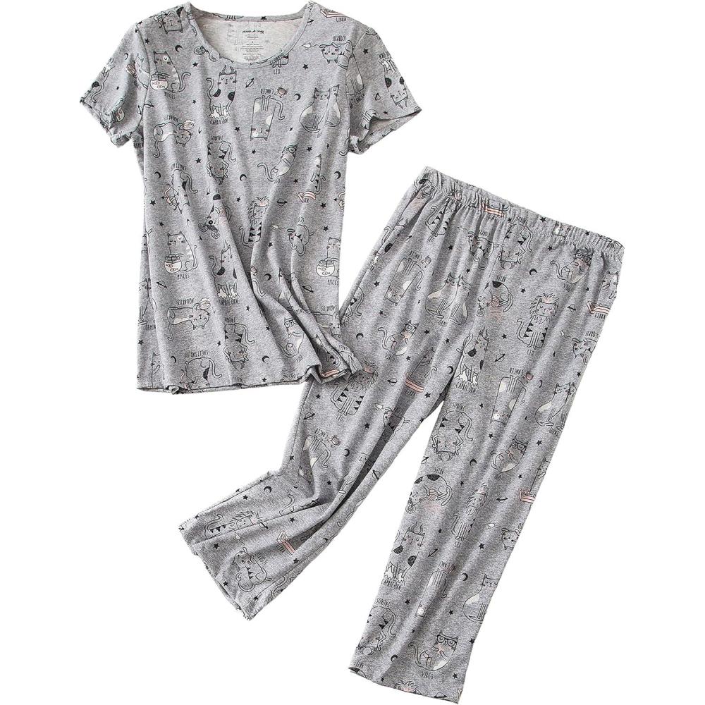 imagePNAEONG Women Pajama Set Sleepwear Tops with Capri Pants Casual and Fun Prints Pajama SetsGray Cats