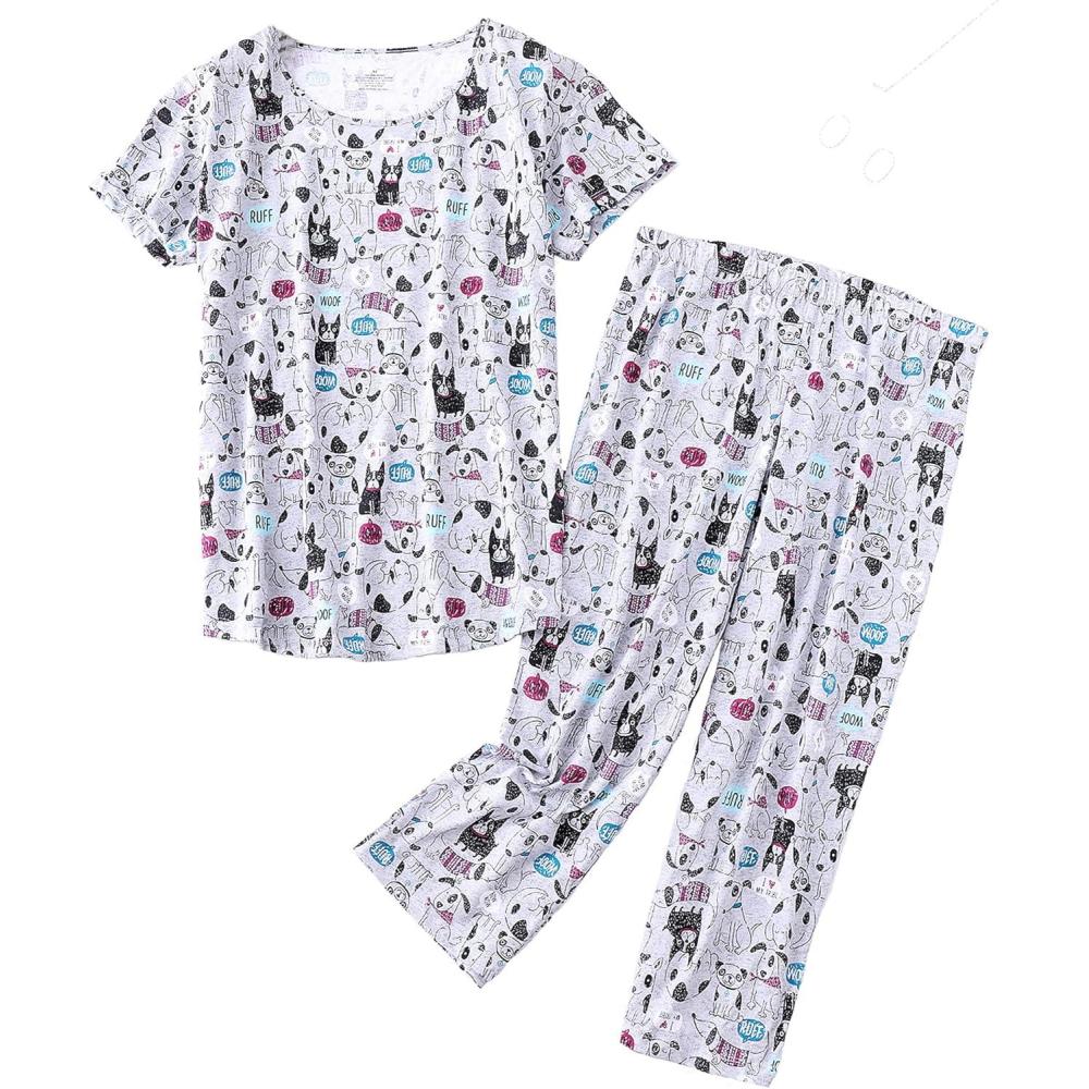 imagePNAEONG Women Pajama Set Sleepwear Tops with Capri Pants Casual and Fun Prints Pajama SetsGray Dogs