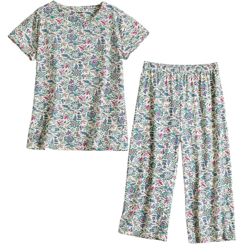 imagePNAEONG Women Pajama Set Sleepwear Tops with Capri Pants Casual and Fun Prints Pajama SetsGreen Vintage Flower