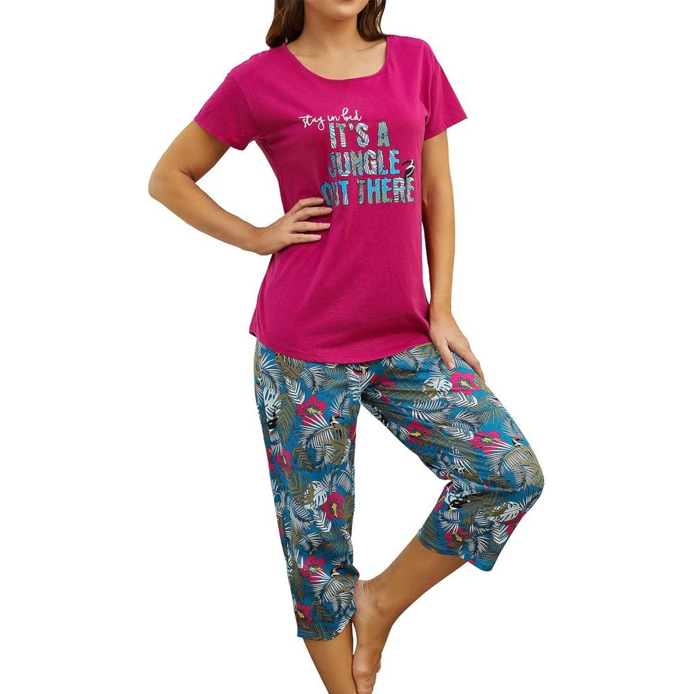 imagePNAEONG Women Pajama Set Sleepwear Tops with Capri Pants Casual and Fun Prints Pajama SetsJungle