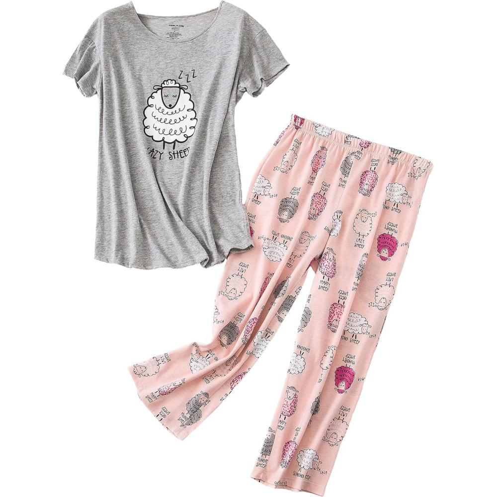 imagePNAEONG Women Pajama Set Sleepwear Tops with Capri Pants Casual and Fun Prints Pajama SetsLazy Sheep