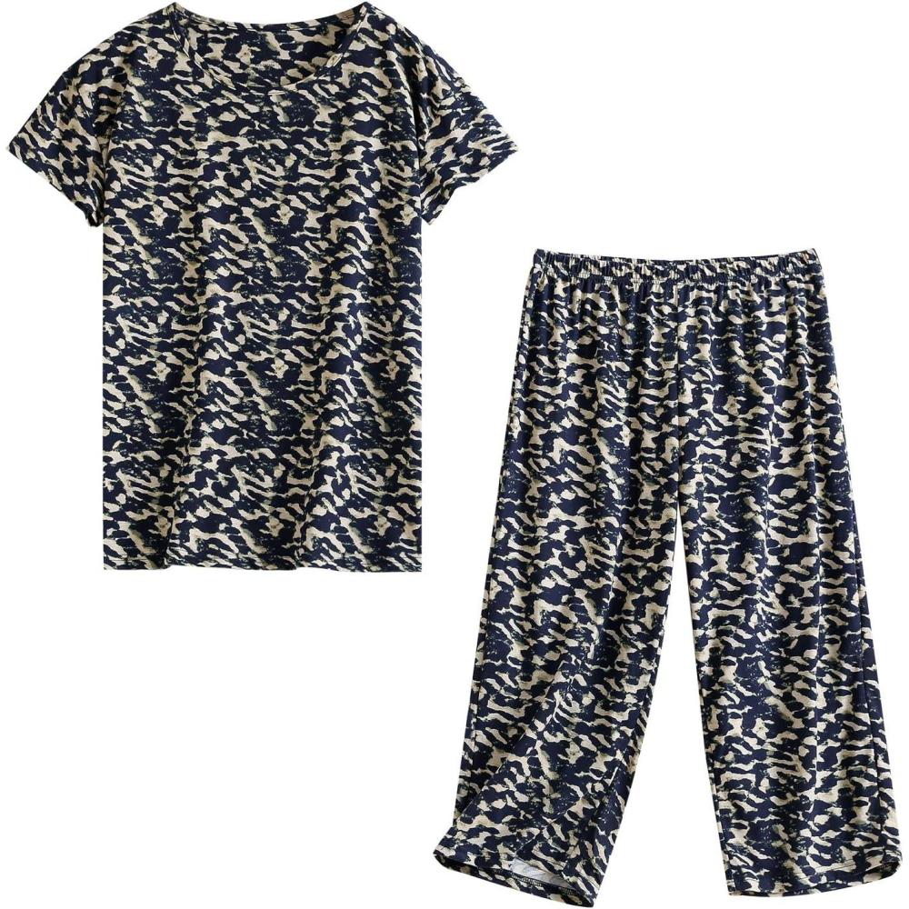 imagePNAEONG Women Pajama Set Sleepwear Tops with Capri Pants Casual and Fun Prints Pajama SetsLeopard Print