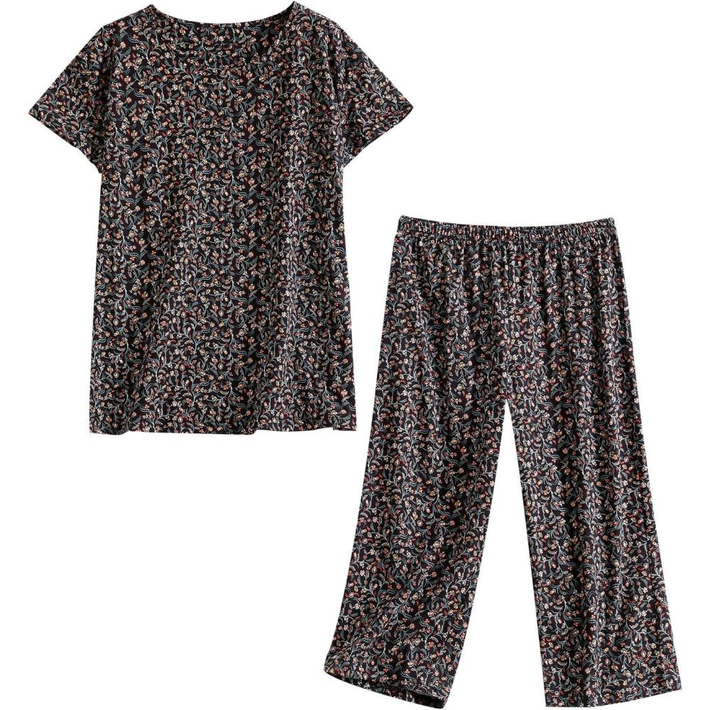 imagePNAEONG Women Pajama Set Sleepwear Tops with Capri Pants Casual and Fun Prints Pajama SetsLittle Flower